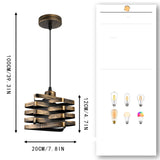 Pendant light with dimensions and compatibility with different light bulbs on a white background