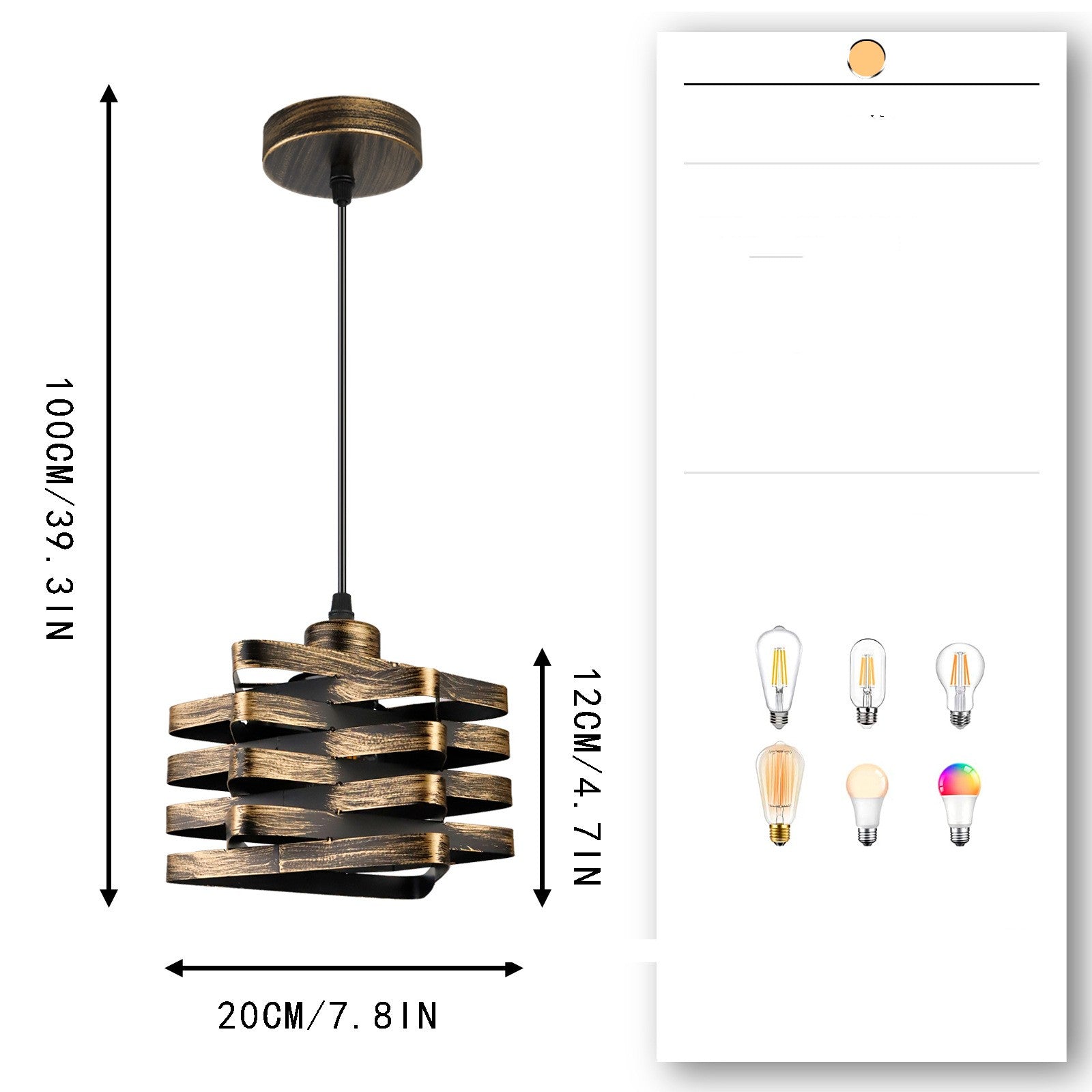 Pendant light with dimensions and compatibility with different light bulbs on a white background