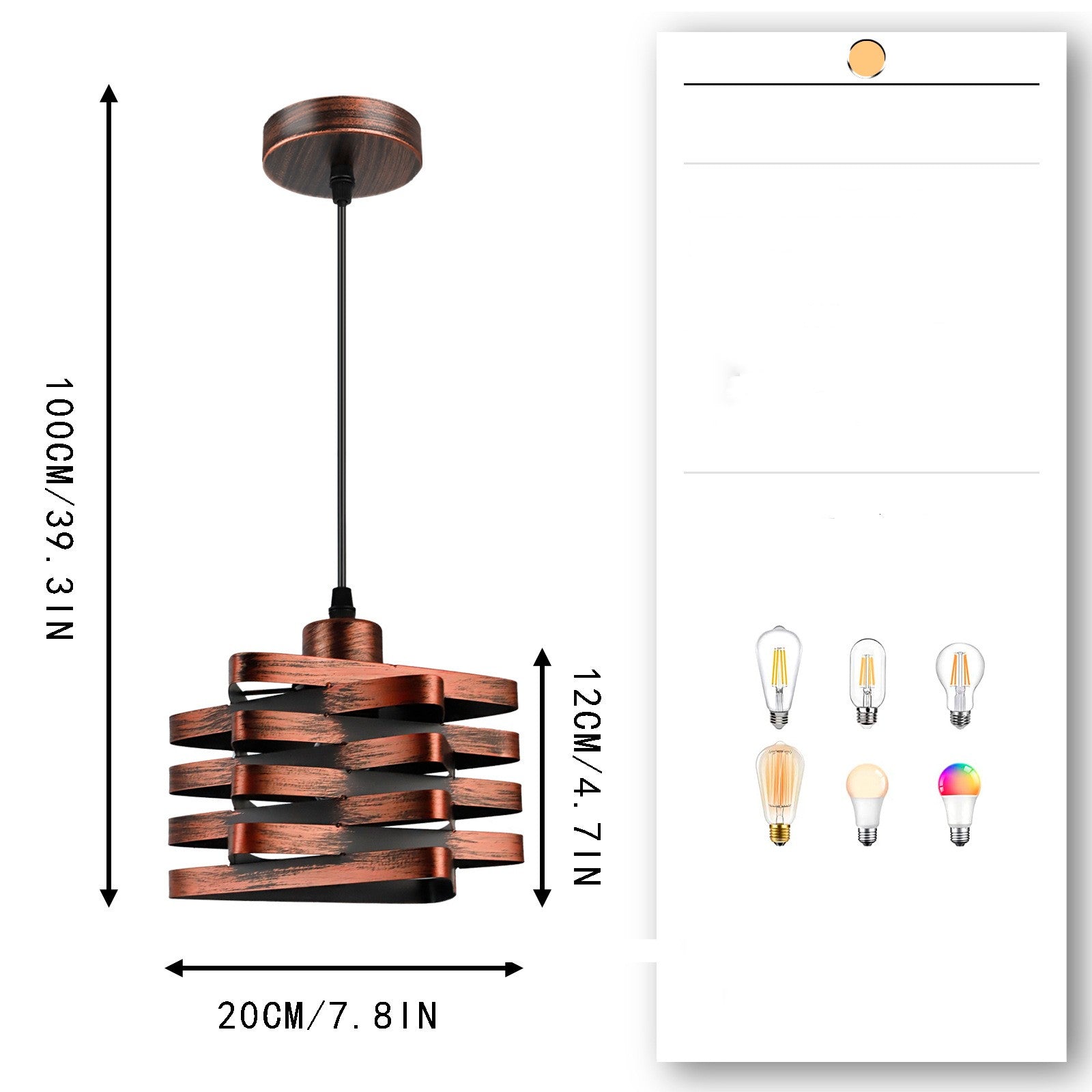 Wooden pendant light with dimensions and compatibility with different light bulbs on a white background