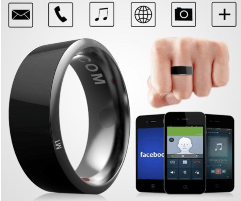 Smart ring with smartphone app interface on a white background