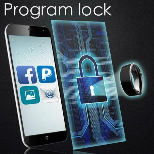 Smartphone with app icons, lock graphic, and ring on a dark background with 'Program lock' text.