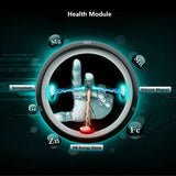 Health module diagram with hand, energy stones, and labeled elements on a dark background