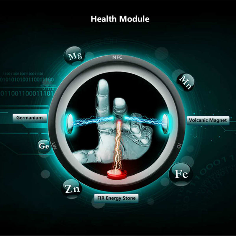Health module diagram with hand, energy stones, and labeled elements on a dark background