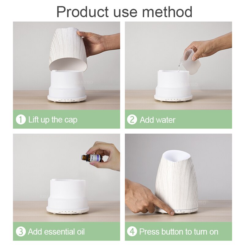Step-by-step guide on how to use a white diffuser with text labels.