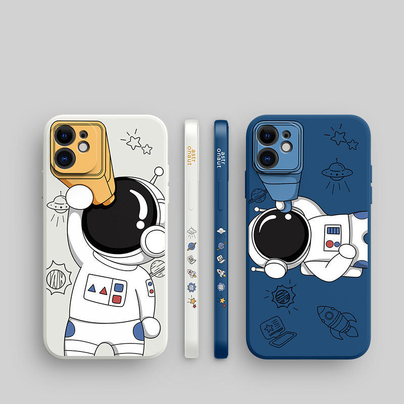 Two phone cases, one with an astronaut design on a white background and the other with a blue background, displayed side by side.