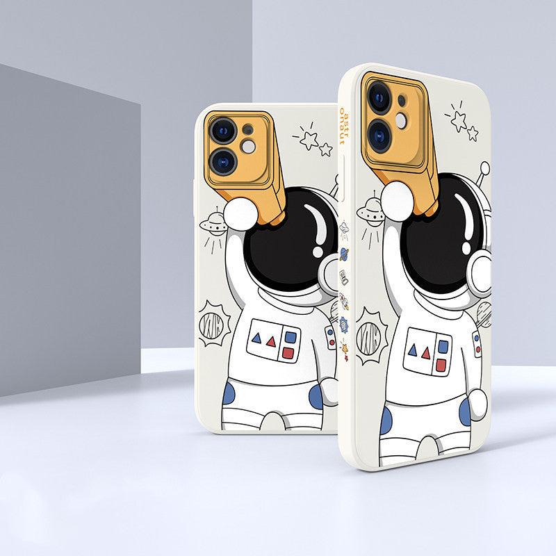 Two phone cases with cartoon astronaut design on a light gray background