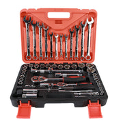 Wrench and socket set in a red and black tool case on a white background