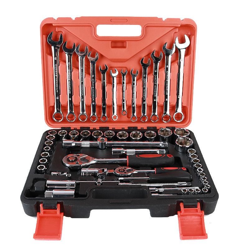 Wrench and socket set in a red and black tool case on a white background