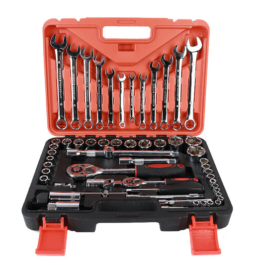 Wrench and socket set in a red and black tool case on a white background