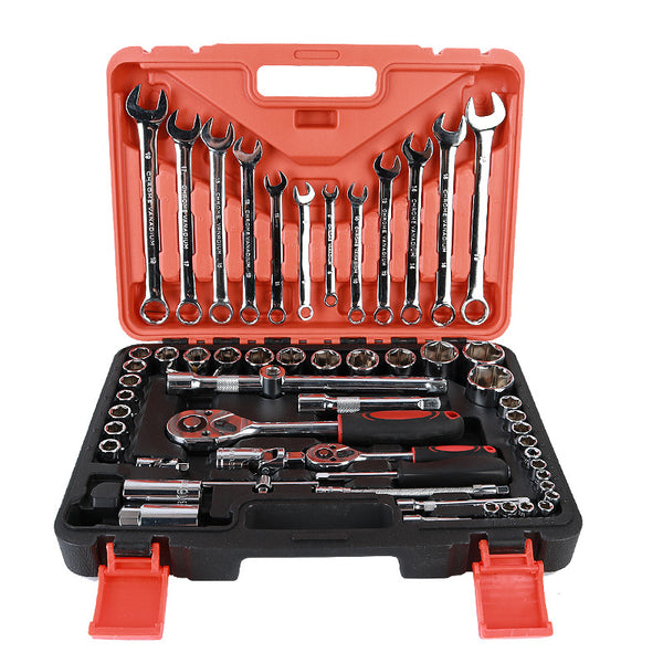 Wrench and socket set in a red and black tool case on a white background