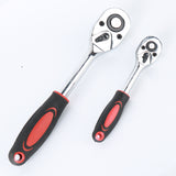 Two ratcheting wrenches with black and red handles on a white background