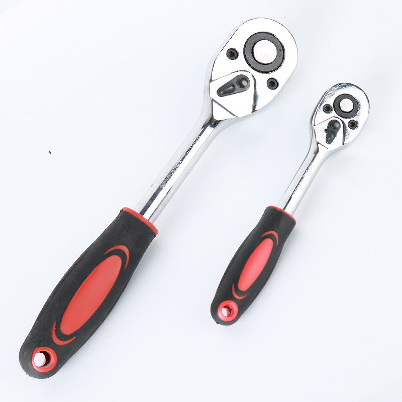 Two ratcheting wrenches with black and red handles on a white background