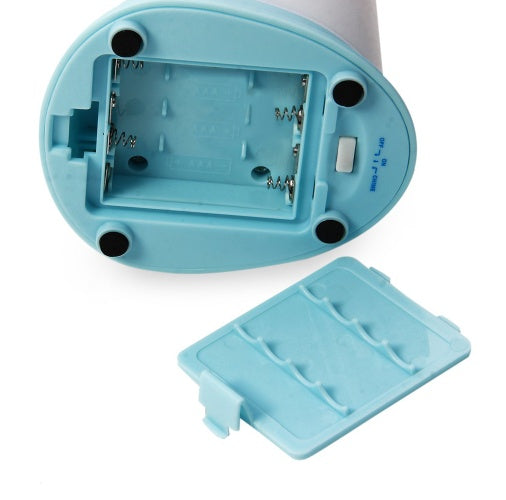 Light blue electronic component with internal parts and cover on a white background