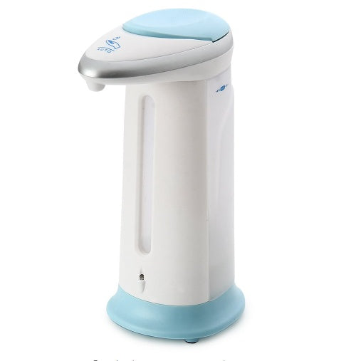 White and light blue soap dispenser on a white background