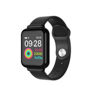 Black smartwatch with a colorful display on a white background