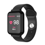 Black smartwatch with a heart rate monitor display on a white background
