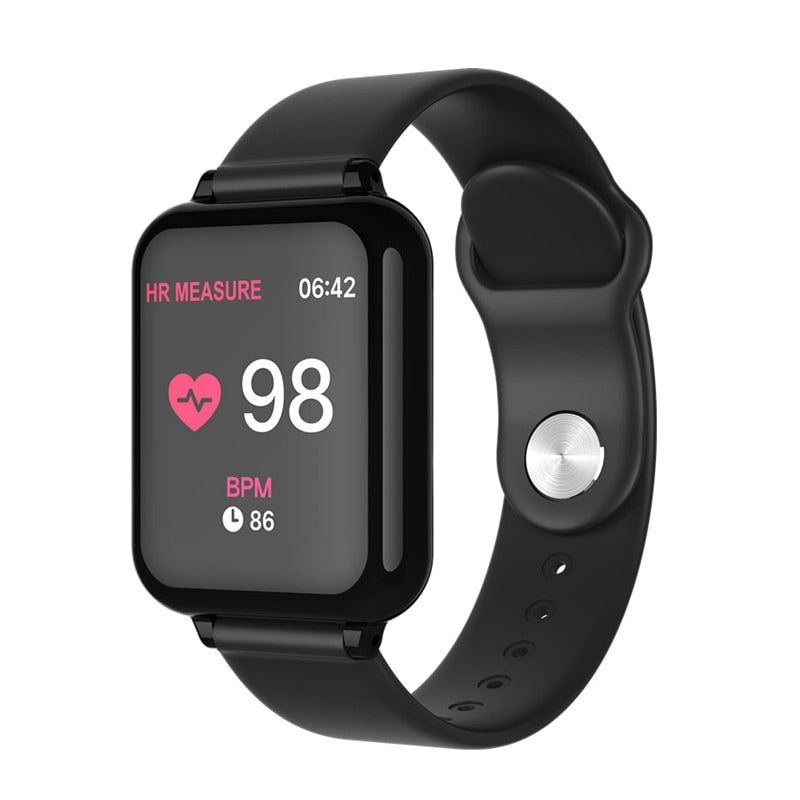 Black smartwatch with a heart rate monitor display on a white background