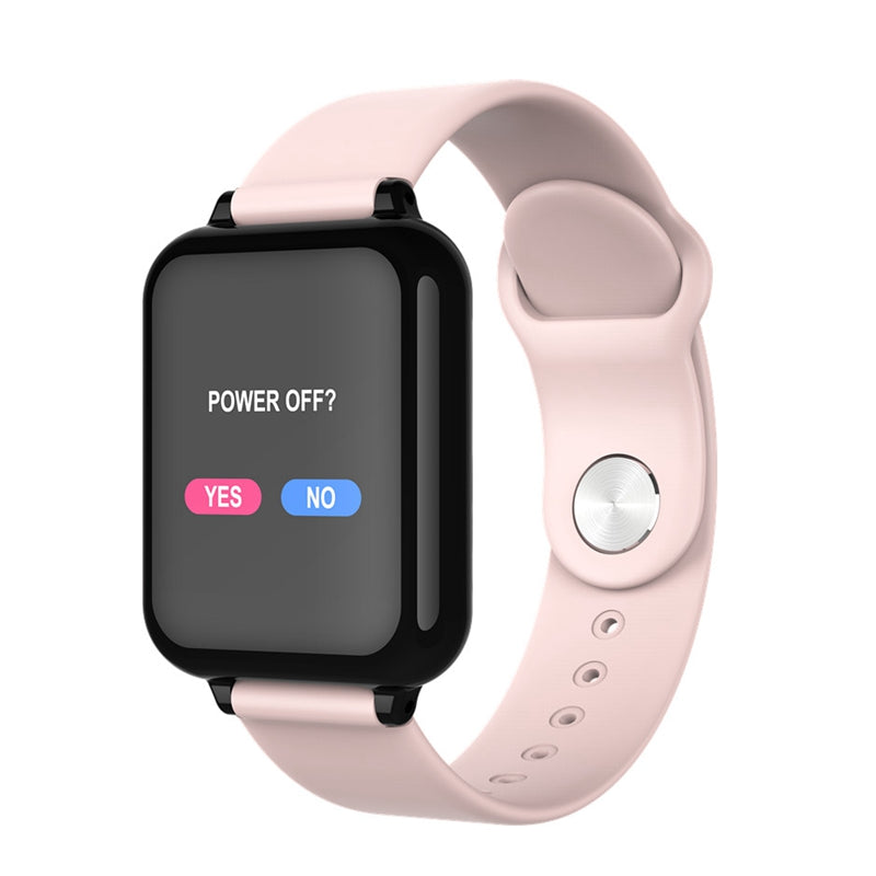 Smartwatch with a pink band displaying a power-off question on a white background