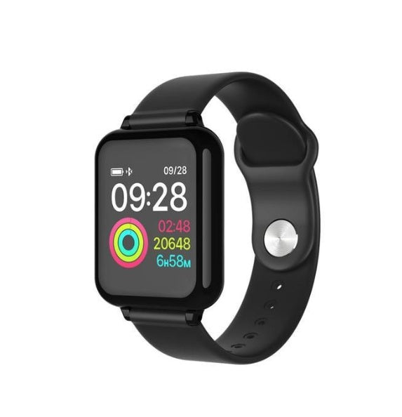 Black smartwatch with a colorful display on a white background