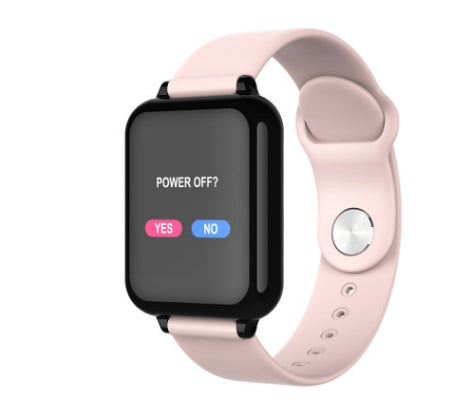 Smartwatch with a pink band displaying a power-off menu on a white background
