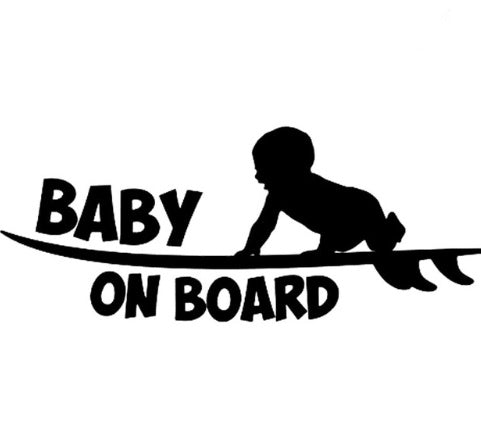 Silhouette of a baby on a surfboard with 'Baby on Board' text on a white background