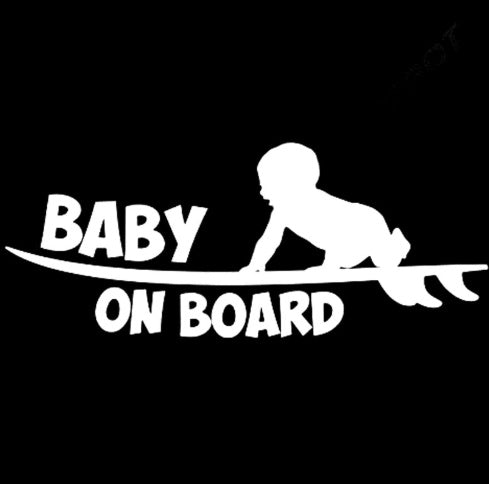 White 'Baby on Board' decal with a child on a surfboard on a black background