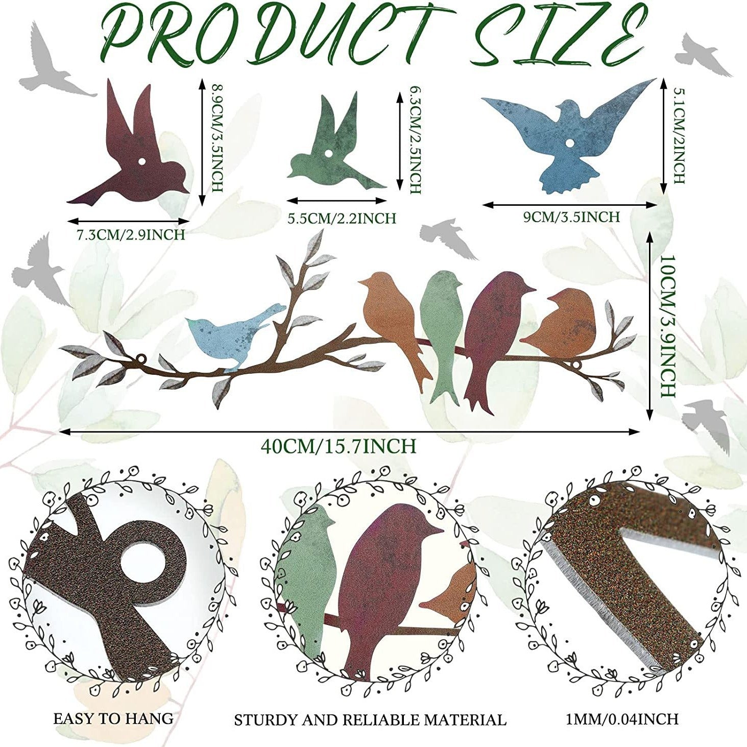 Measurement chart of decorative bird shapes and a branch with dimensions and material information.
