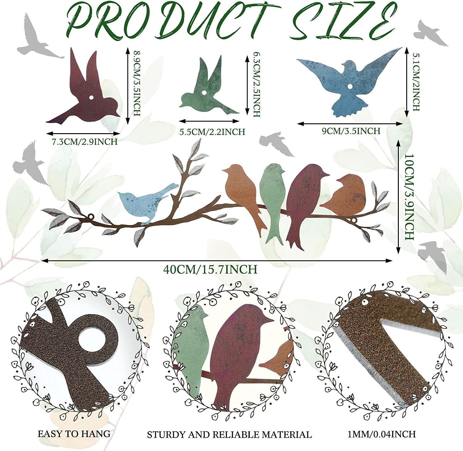 Illustrations of birds and branches with measurements and product size details on a white background.