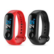Two fitness trackers, one red and one black, on a white background
