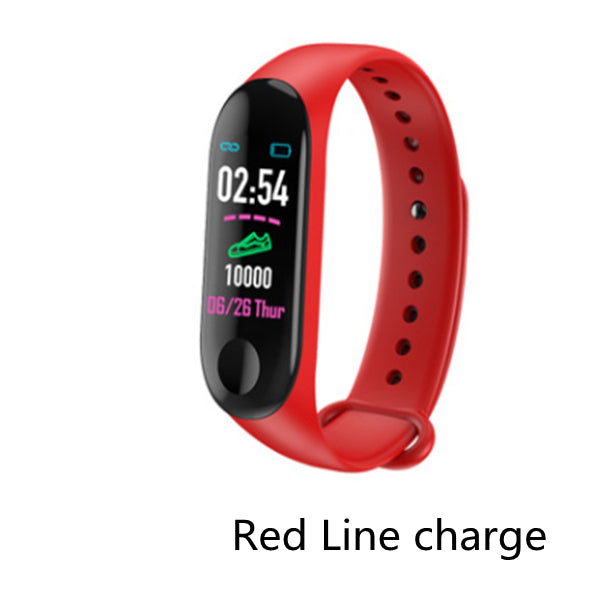 Red fitness tracker with digital display on a white background
