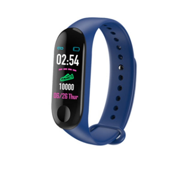 Blue fitness tracker on a white background