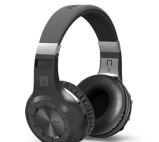 Black headphones with brand logo on a white background