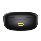 Black wireless earbuds case with a gold charging port on a white background