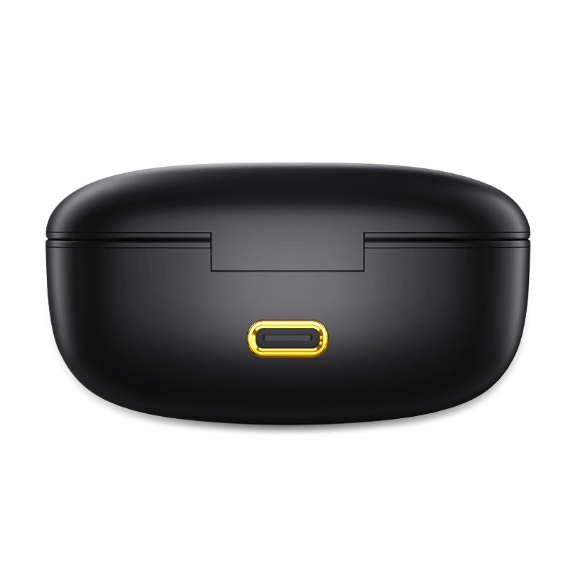 Black wireless earbuds case with a gold charging port on a white background