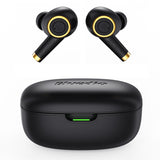 Black wireless earbuds with gold accents and a black case on a white background