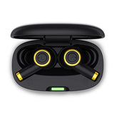 Black and yellow wireless earbuds in a charging case on a white background
