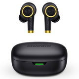 Black and gold Bluedio wireless earbuds with charging case on a white background