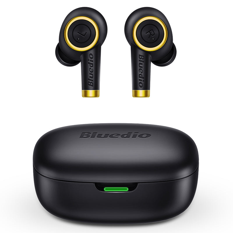 Black and gold Bluedio wireless earbuds with charging case on a white background