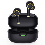Black wireless earbuds with gold accents in a charging case on a white background
