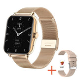 Smartwatch with gold mesh band and additional band on a white background