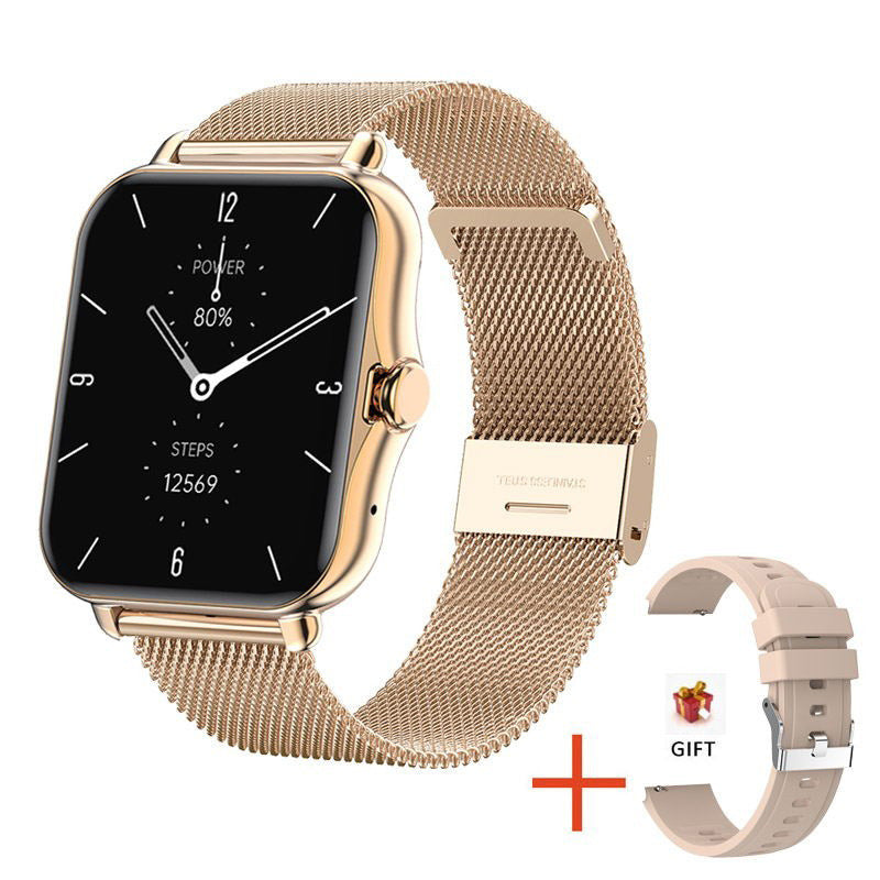 Smartwatch with gold mesh band and additional band on a white background