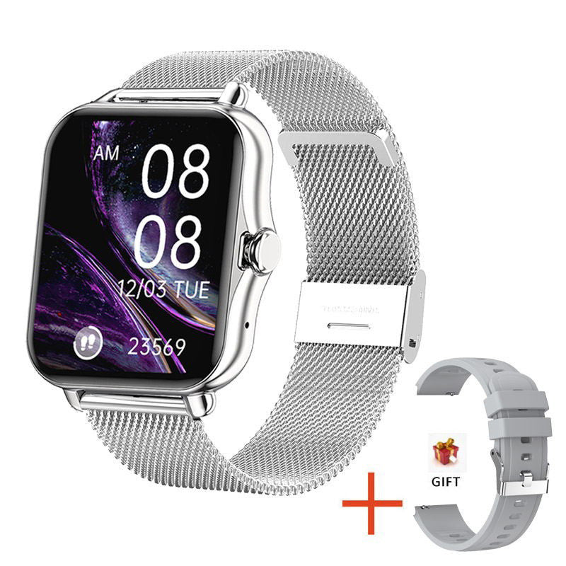 Silver smartwatch with mesh band and additional band on a white background