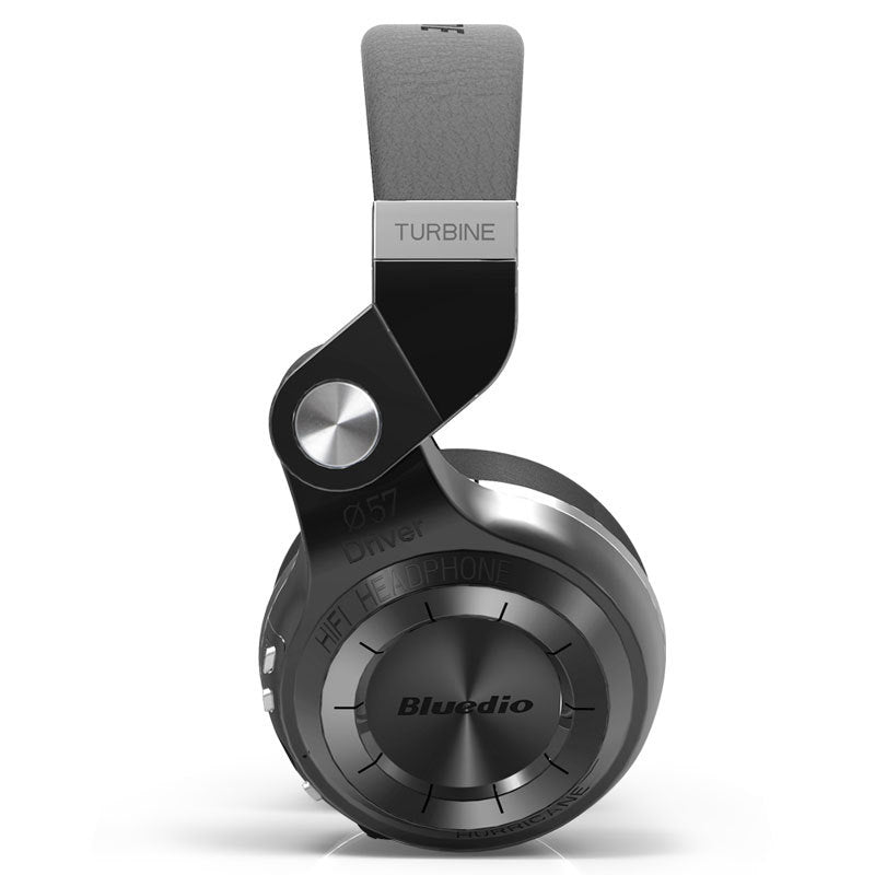 Black and gray headphones with 'Bluedio' branding on a white background