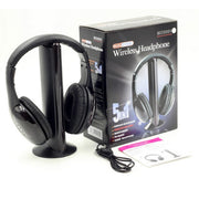 Black wireless headphones with packaging and accessories on a white background