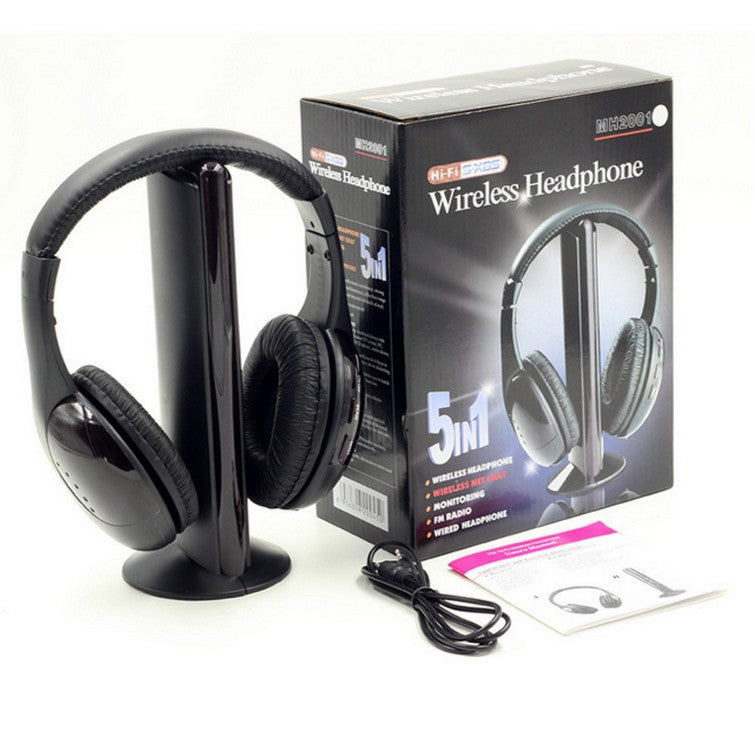 Black wireless headphones with packaging and accessories on a white background