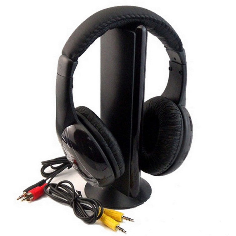 Black headphones with cables on a white background