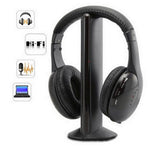 Black headphones on a stand with icons indicating features like Hi-Fi and music on a white background