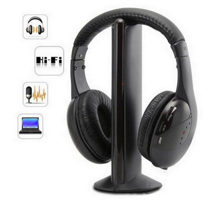 Black headphones on a stand with icons indicating features like Hi-Fi and music on a white background