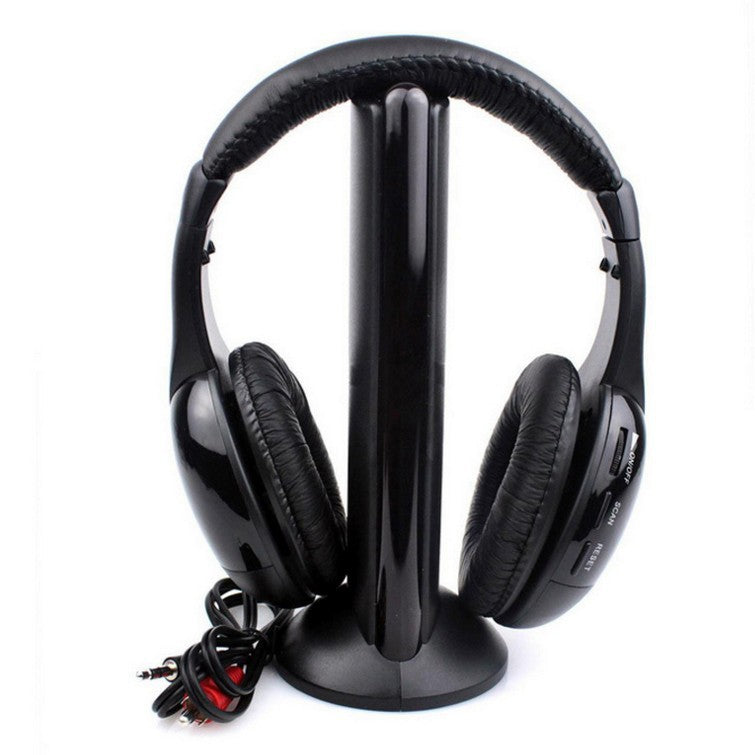 Black headphones on a black stand with a white background