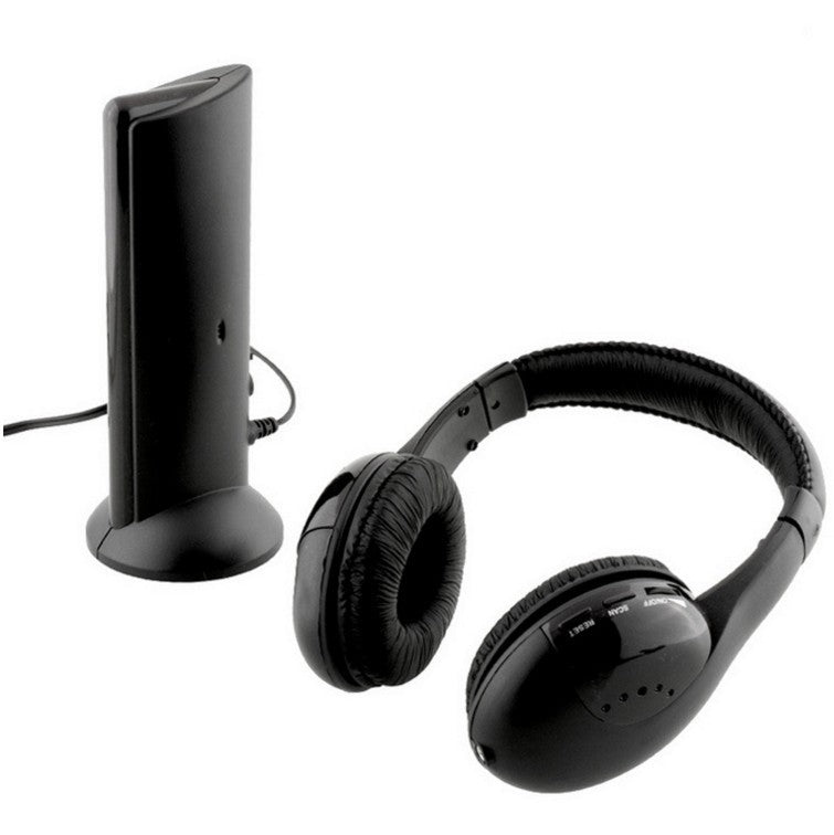 Black headphones and a black stand on a white background